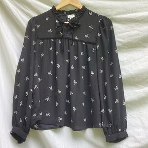 J. Crew black Ruffled Long Sleeve Blouse with bow pattern velvet trim size small
